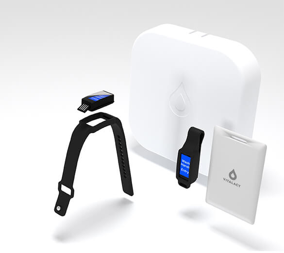 Vitalacy Automated Hand Hygiene Monitoring Solution with SmartBand, SmartClip, and Beacon.